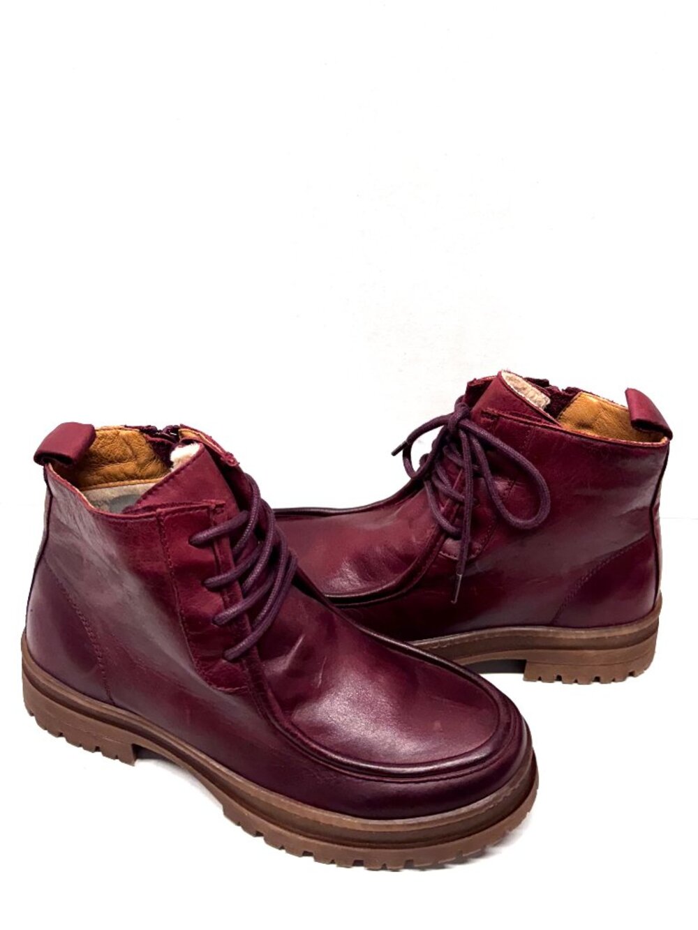 MIZ MOOZ LEATHER BOOTIE LACE UP SIDE ZIP BURGUNDY 37EU / 7US NEW B 76